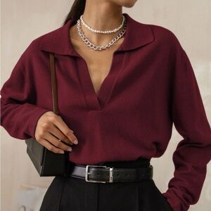 COMMENSE Leisure Collared Pullover Sweater - Burgundy